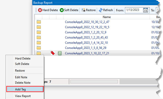 View Menu - Other Windows - Backups - Add Tag