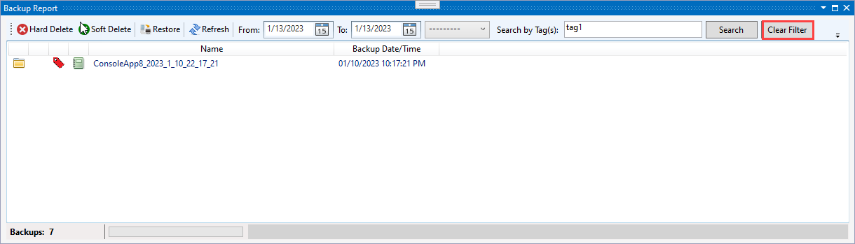 View Menu - Other Windows - Backups - Clear Tag Filter