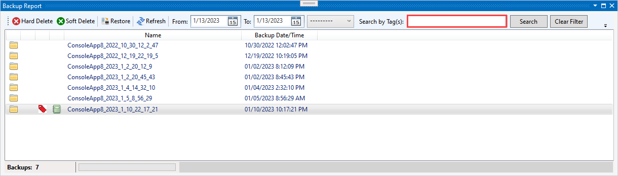 View Menu - Other Windows - Backups - Search Tags