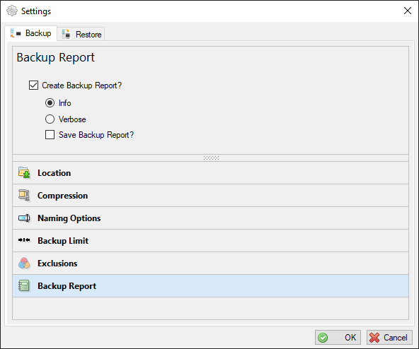 VSBackup Settings - Backup Report 