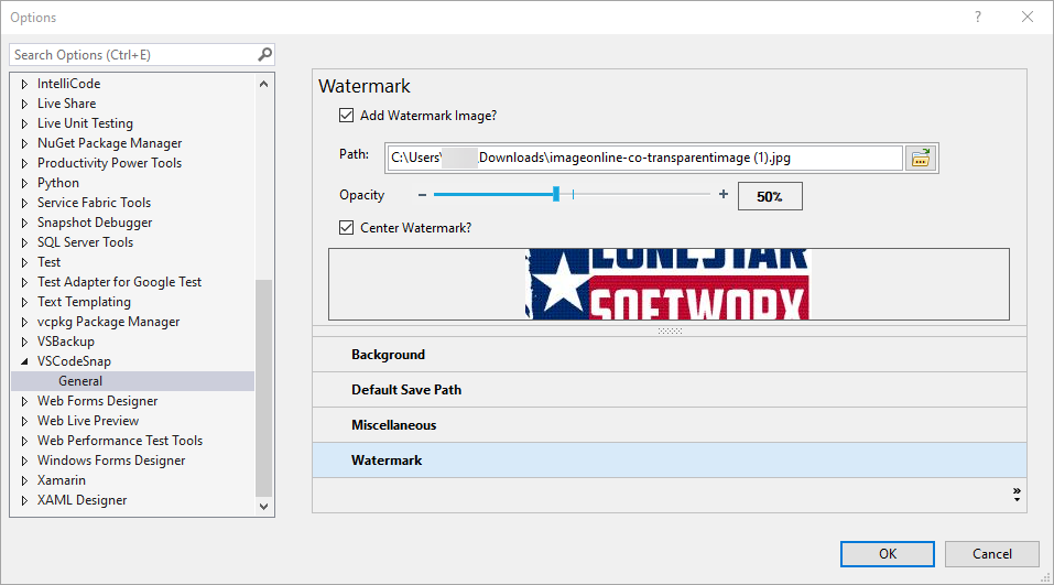 VSCodeSnap General Options - Watermark