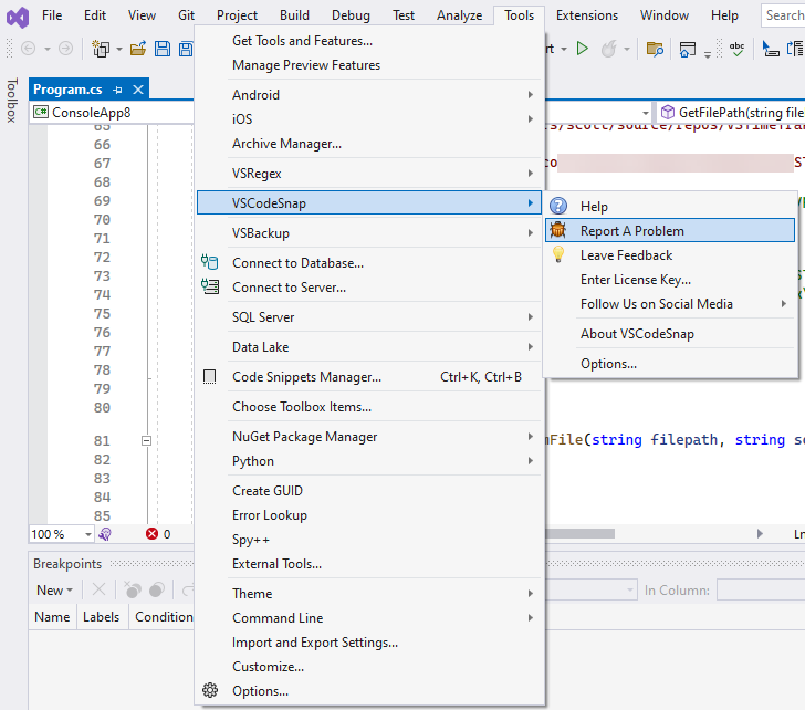Tools Menu - VSCodeSnap Menu - Report a Problem
