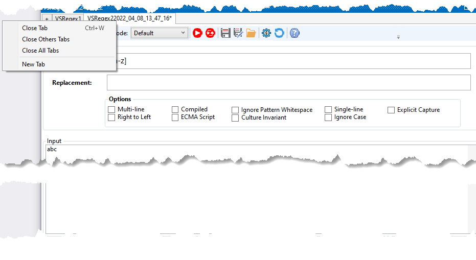 Tools Menu - VSRegex Main Window Close Tabs