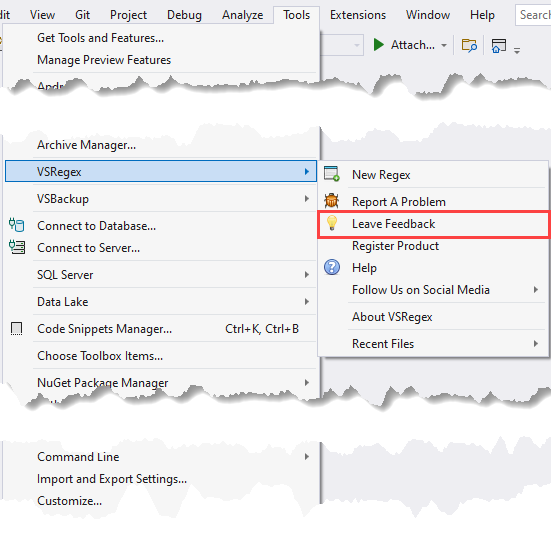 Tools Menu - VSRegex Menu - Leave Feedback