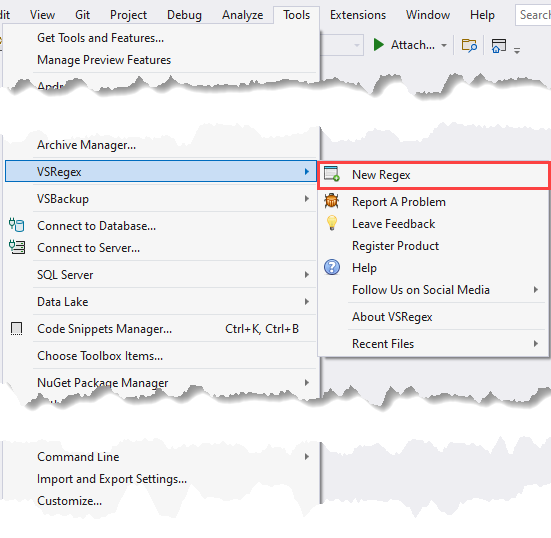 Tools Menu - VSRegex Menu