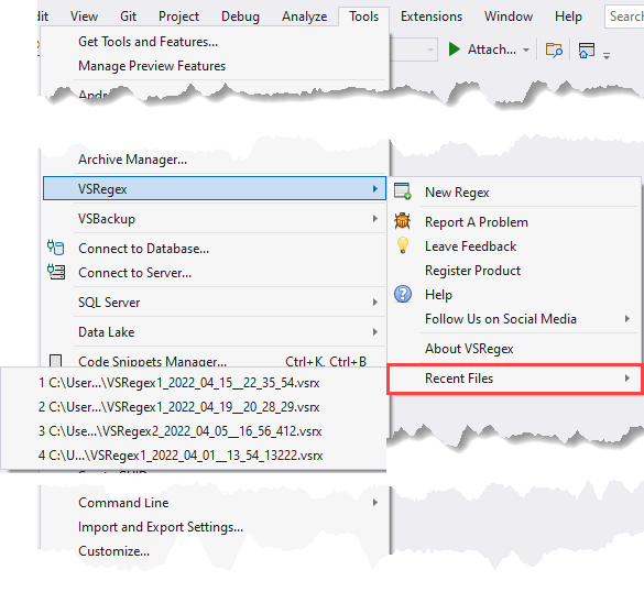 Tools Menu - VSRegex Recent Files