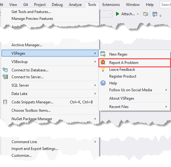 Tools Menu - VSRegex Menu - Report a Problem